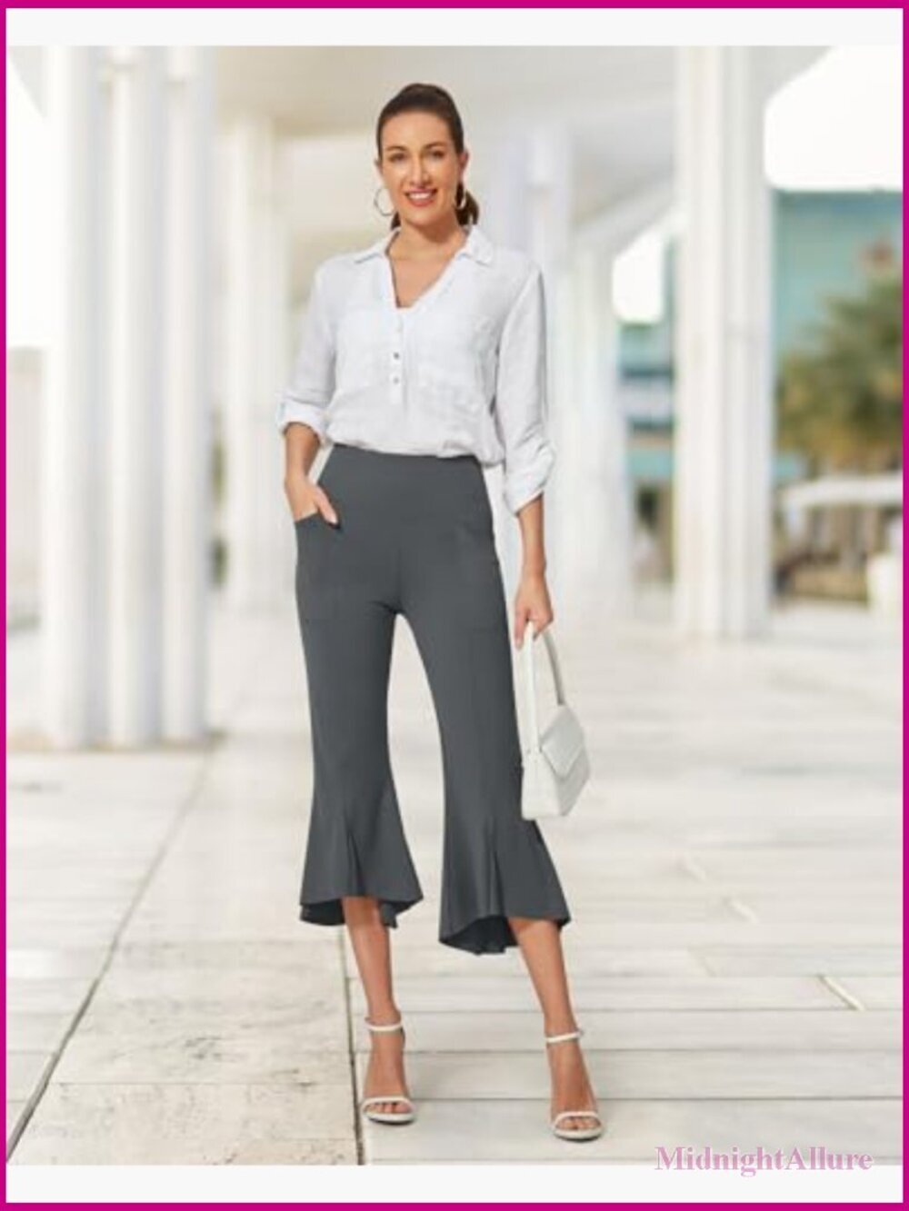 Capri Pants Stretch Yoga Dress Pants with Pockets Ruffle Bell Bottom Athletic - Picture 3 of 7